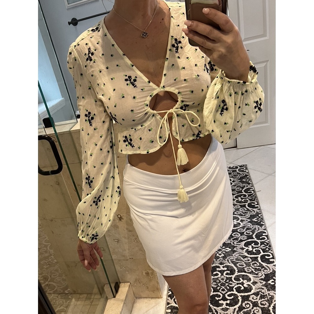 Free People Throwback Top Embroidered Ruffle Peplum Statement Sleeve White Small